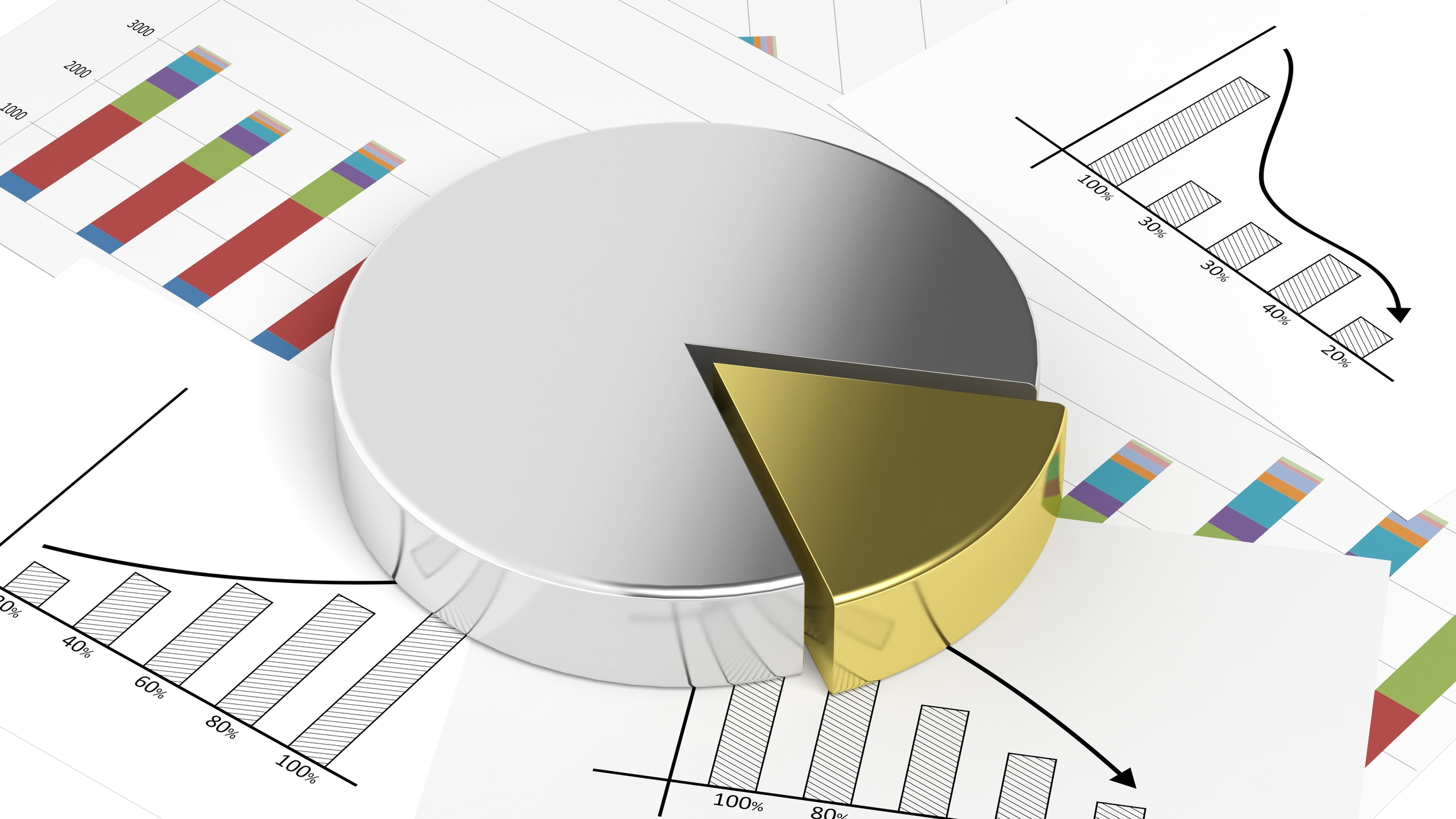 image showing bar graphs and a pie chart with gold and silver portions