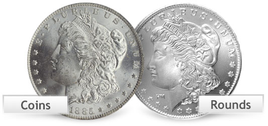 a Morgan silver dollar coin, next to a 1 troy oz Morgan Design silver round for comparison