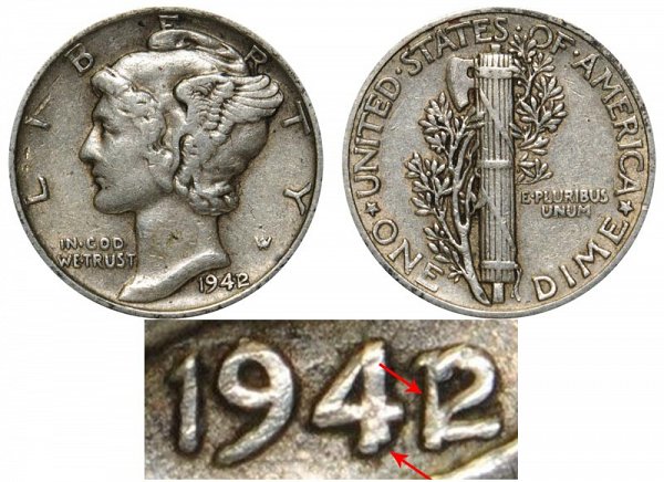 1942 42 over 41 mercury dime